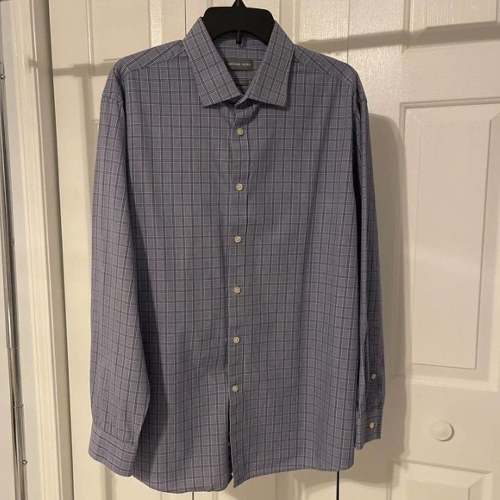 Michael Kors Mens Blue Plaid Regular Fit Dress Shirt XL 17-17.5 34/35 LS
